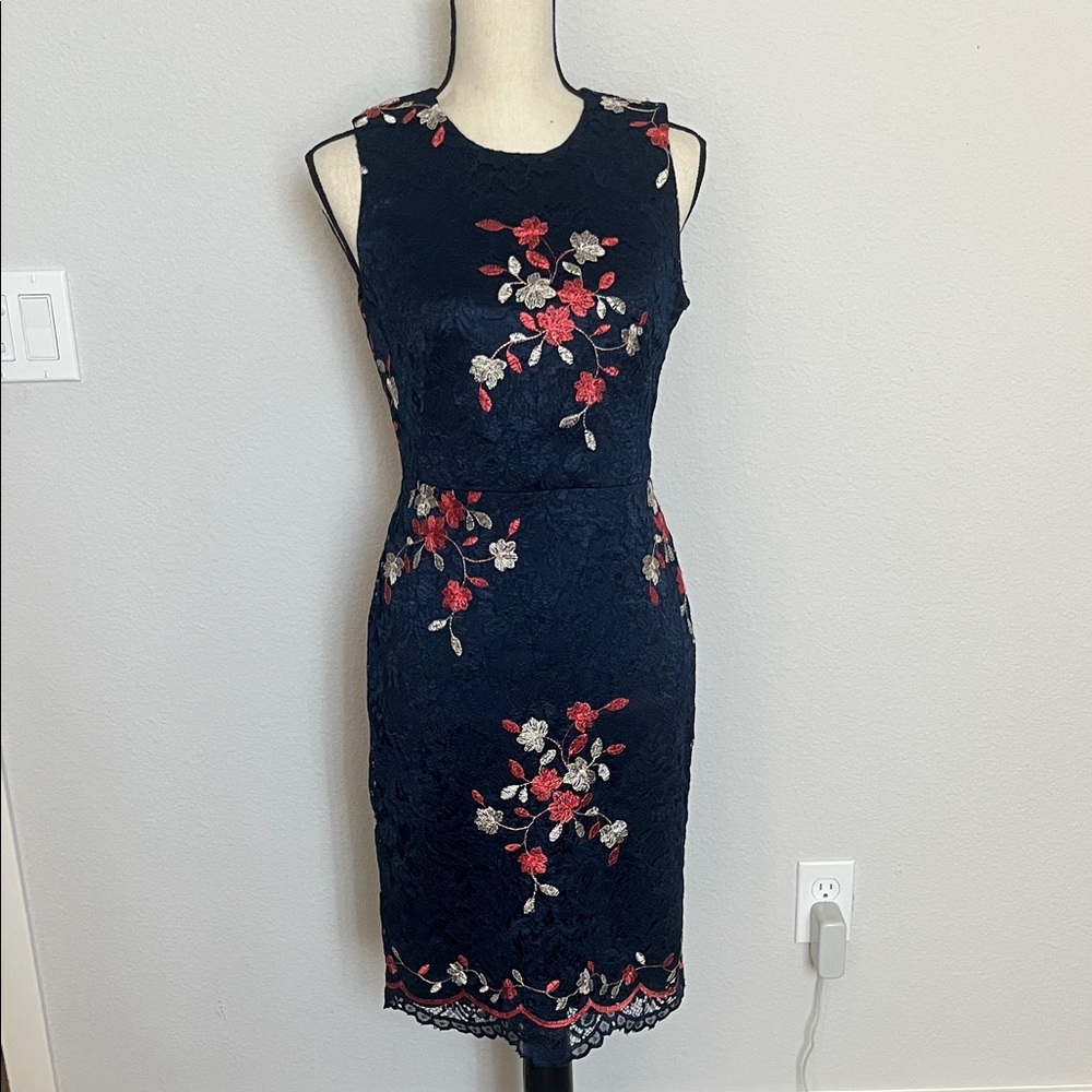 DKNY Sleeveless Navy Lace Dress with Floral Embroidery